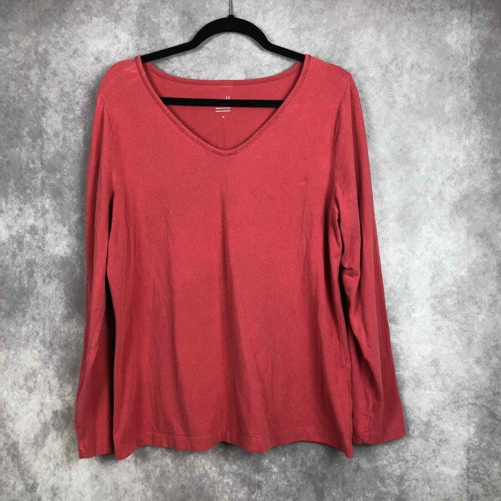 J. Jill Satin Stitch Tee Shirt Size XL Red Long Sleeve V Neck Cotton Stretch Top